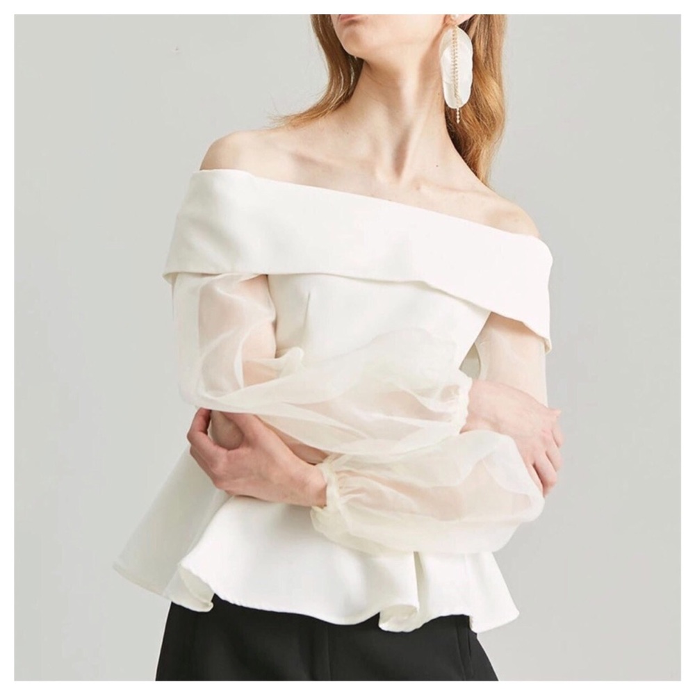 Silky White Sheer Sleeve Off The Shoulder Top - Picture 2 of 8